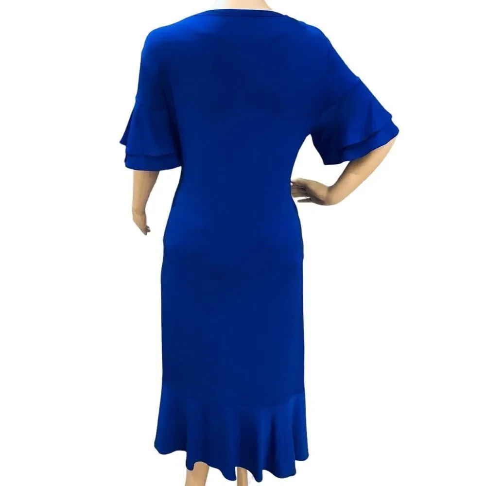 Chico’s Dress Blue Ruffle Asymmetric Pull On Stretch Sz 0 (US: Sz 4)